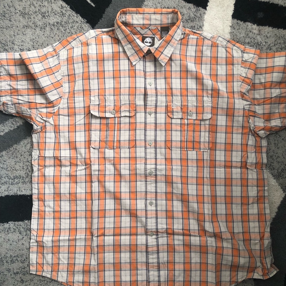 Timberland Orange and White Plaid Short-Sleeve Button-Down Shirt